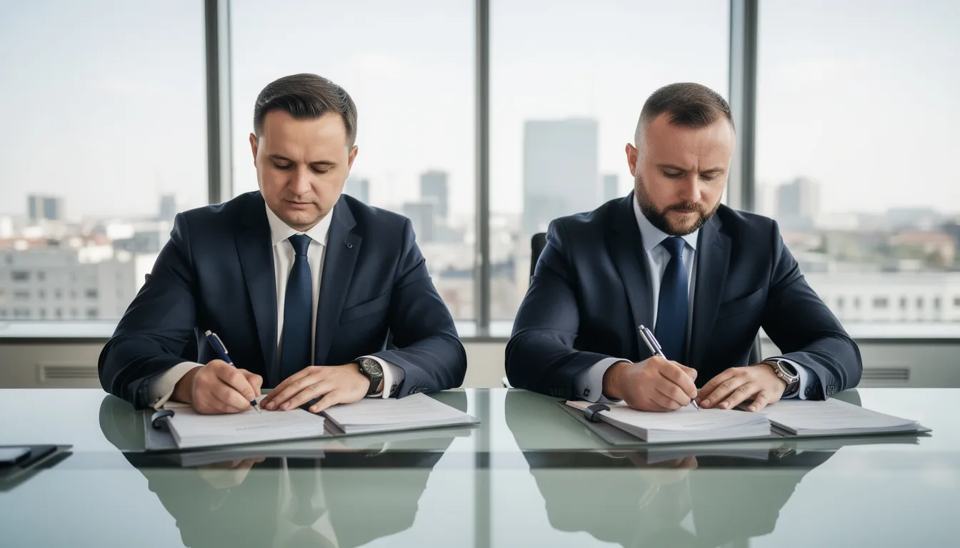 Na zdjęciu dwóch biznesmenów siedzi przy stole konferencyjnym, podpisując dokumenty dotyczące umowy faktoringu, co może pomóc w poprawie płynności finansowej ich firm. W tle widać notatki i dokumenty, które mogą dotyczyć zobowiązań klientów oraz terminowego regulowania płatności.