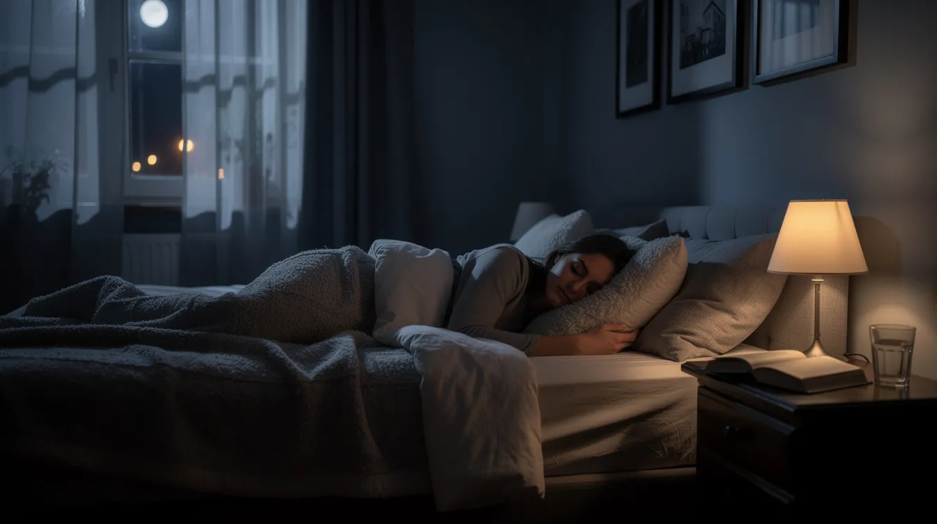 The image depicts a person sleeping peacefully in a dark, comfortable bedroom, suggesting a restful night's sleep. This serene environment may promote relaxation and enhance sleep quality, potentially influenced by naturally occurring compounds like CBD, known for their calming effects and ability to induce drowsiness.