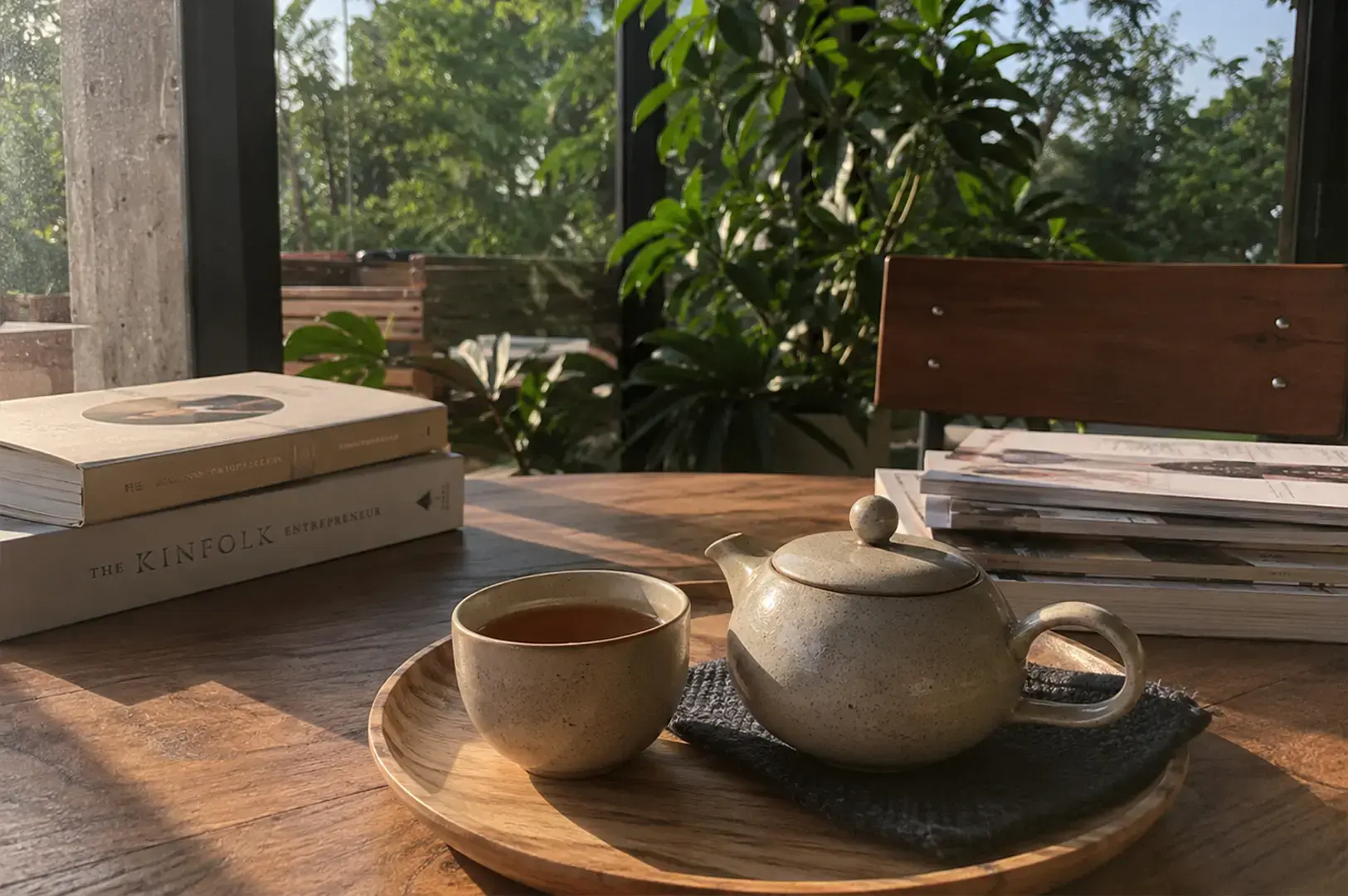 On a sunlit wooden table, a minimalist scene features a small, speckled ceramic teapot and a matching cup filled with tea, set next to a small stack of books and magazines with lush greenery visible through a large window in the background.
