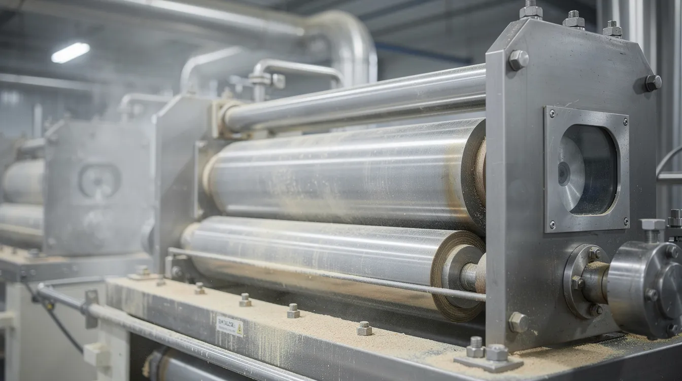c01dde39 7729 4a21 8757 a014d73ac8f5 The image shows a close-up view of industrial steel roller mills inside a wheat flour processing facility, highlighting the advanced machinery used in the manufacturing process. This setup is essential for producing flour from wheat grains, contributing to the profitability of small scale flour mills and the broader industrial world.