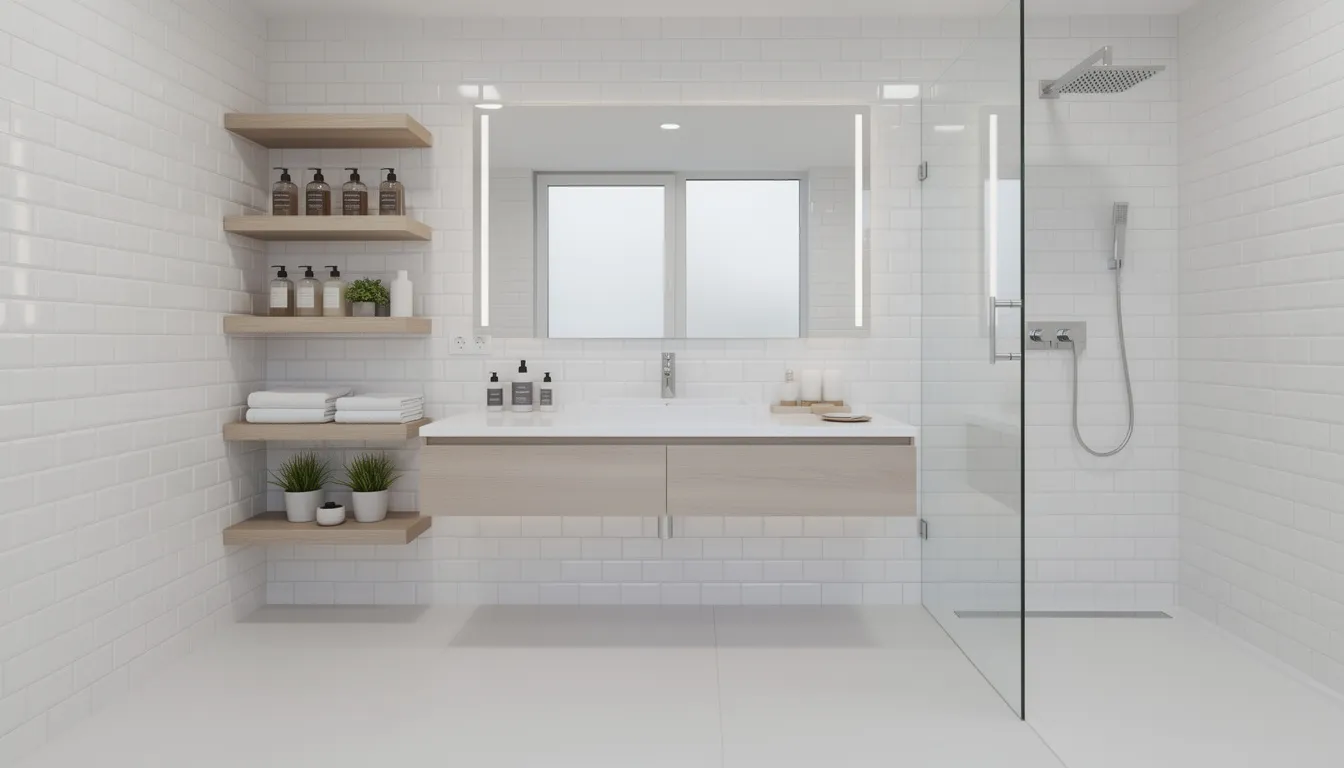 The image shows a clean, modern bathroom featuring white tiles and neatly organised toiletries on shelves, creating a fresh and tidy space ideal for spring cleaning. The bright, airy atmosphere is enhanced by the absence of clutter, making it a perfect setting to prepare your home for the new season.