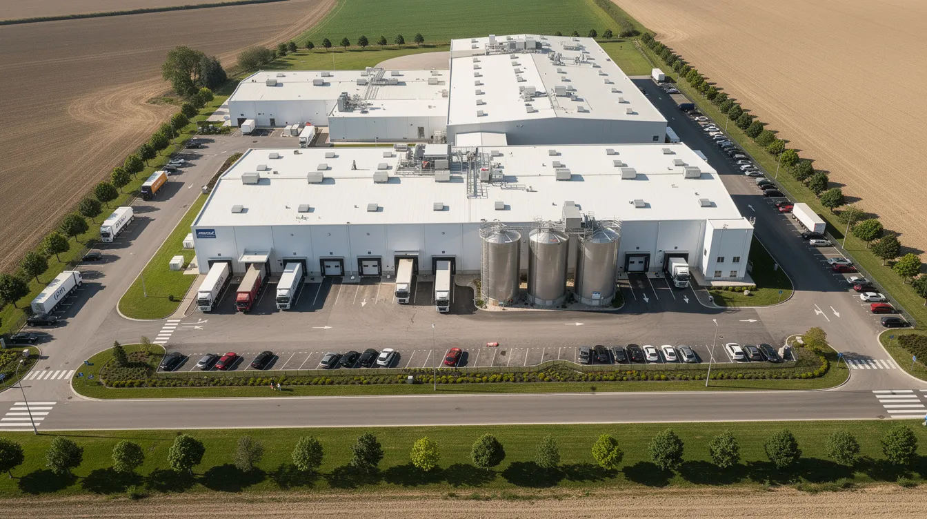 An aerial view of a modern dairy processing facility showcases multiple industrial buildings surrounded by parking areas and green buffer zones, highlighting the ghee manufacturing plant's layout. The facility is designed for efficient ghee production, featuring equipment for milk solids processing and controlled heating to ensure high-quality clarified butter.