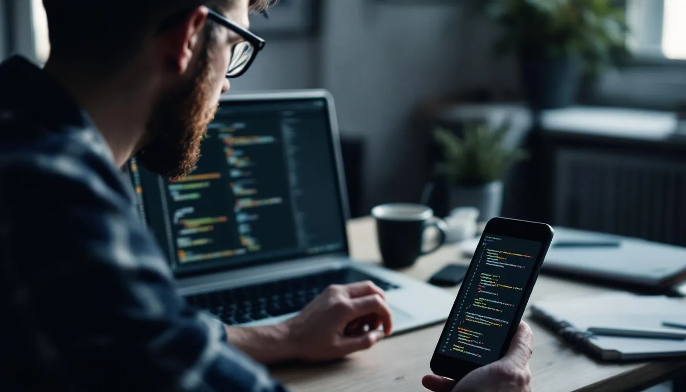 A web developer is focused on coding and testing a responsive business website design, using a laptop and a mobile device to ensure a seamless experience across platforms. The scene highlights the importance of designing a small business website aiming to attract new customers and optimize their online presence.