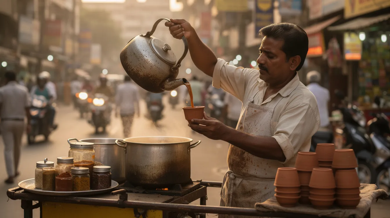 Sprzedawca chai na ulicy w Indiach nalewający herbatę