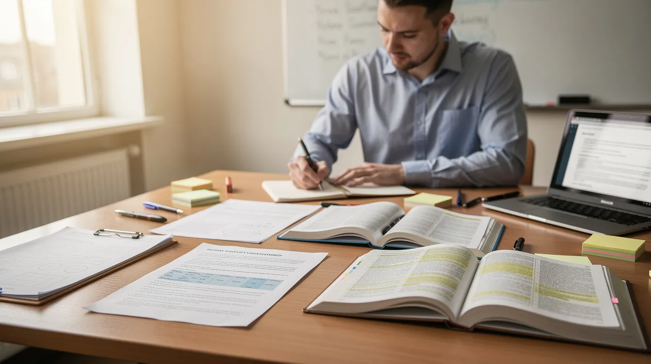 Na obrazku widoczny jest nauczyciel piszący notatki przy biurku, na kt&oacute;rym rozłożone są dokumenty edukacyjne. Wśr&oacute;d nich znajdują się materiały dotyczące indywidualnych program&oacute;w edukacyjno-terapeutycznych oraz wymagań edukacyjnych uczni&oacute;w z specjalnymi potrzebami edukacyjnymi.