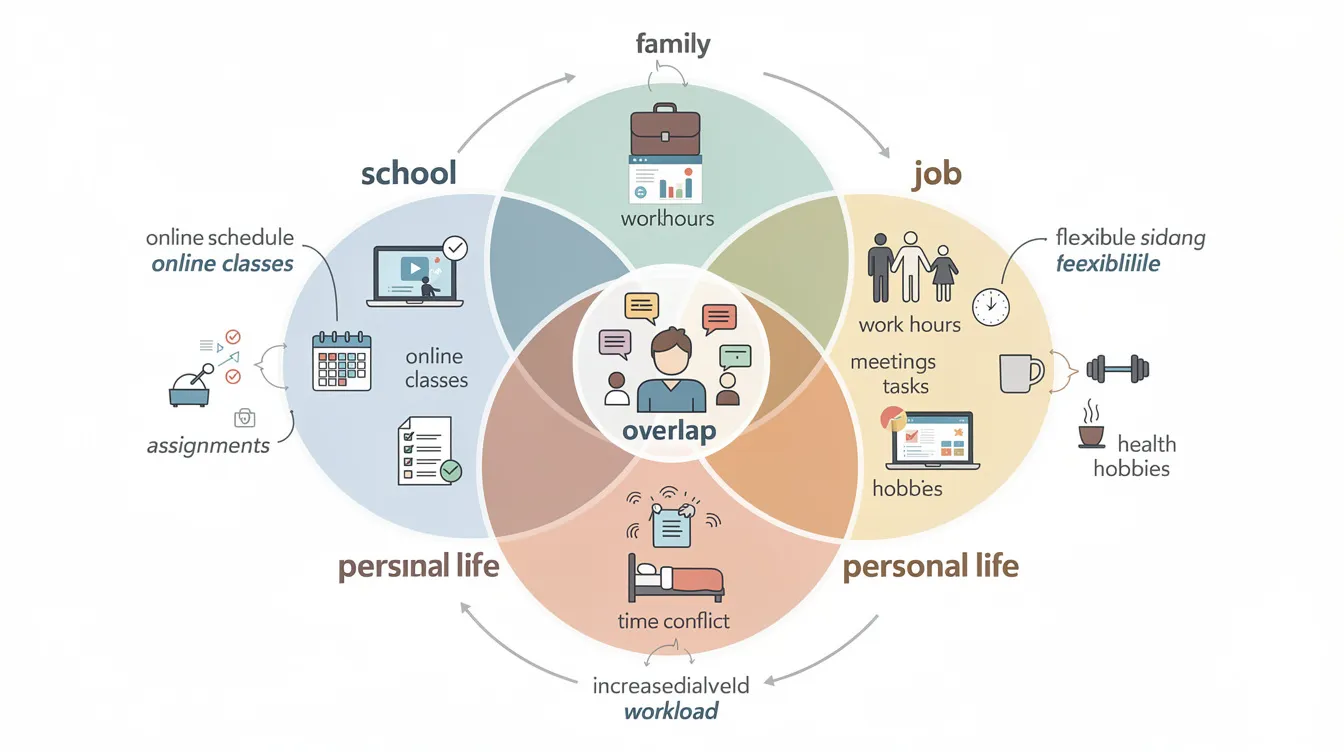 The infographic illustrates the balance between online classes, work, and personal life for college students, featuring three sections labeled school, job, and personal life. It highlights the flexibility online education offers while also acknowledging the pressure students may feel when responsibilities overlap, emphasizing the importance of time management and self-care for maintaining mental health.