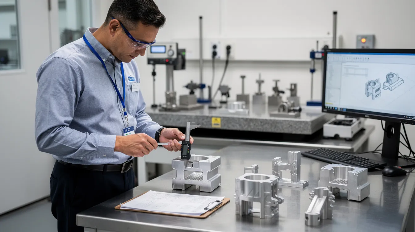 An engineer is inspecting machined metal prototype parts at a quality inspection station, ensuring they meet the tight tolerances required for precision manufacturing. The parts, likely produced through small batch CNC machining processes, demonstrate high quality and attention to detail essential for various industries.