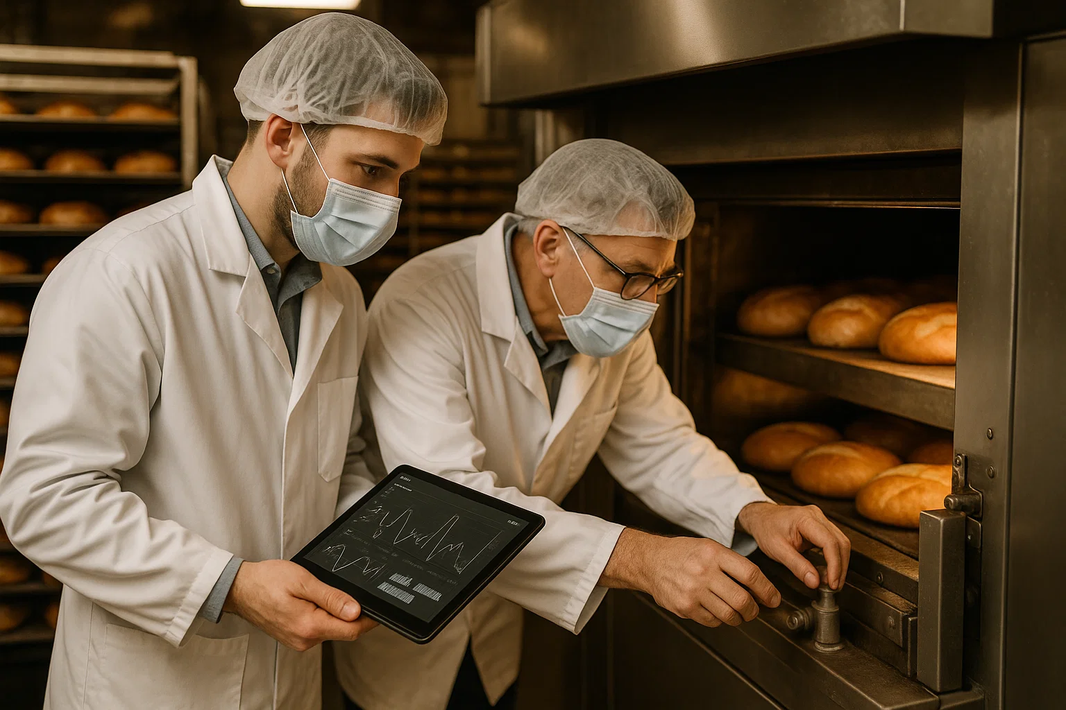 Bakery engineers inspecting an industrial oven with a diagnostic tablet inside a commercial bakery.