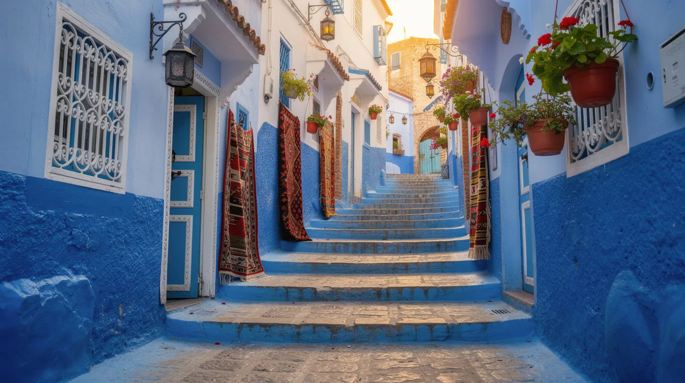 A imagem mostra a encantadora cidade de Chefchaouen, em Marrocos, com suas casas de paredes azuladas e ruas estreitas, cercadas por montanhas. Este destino é conhecido por sua rica cultura marroquina e pela atmosfera tranquila que atrai viajantes de todo o mundo.