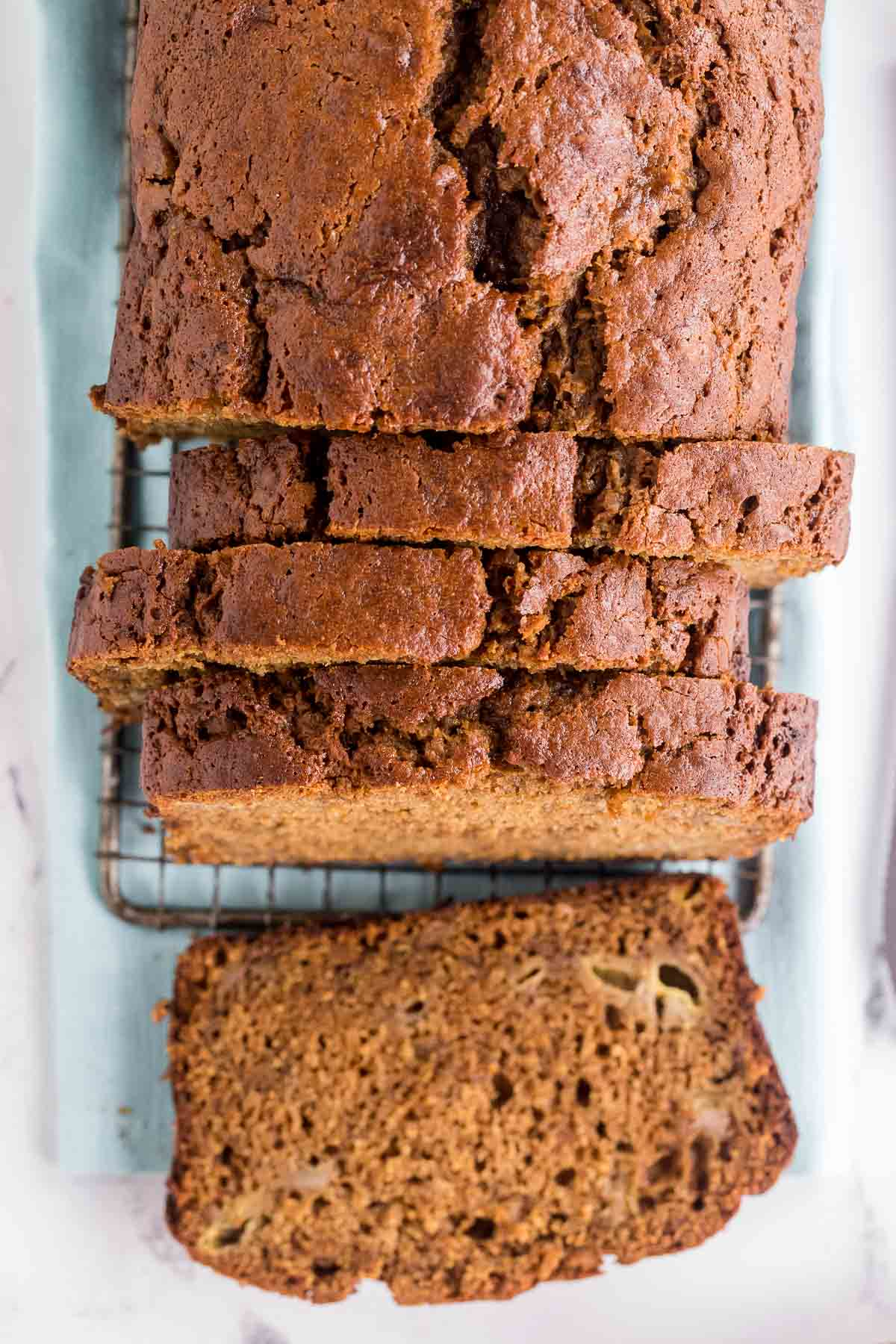 sliced banana gingerbread on wire rack