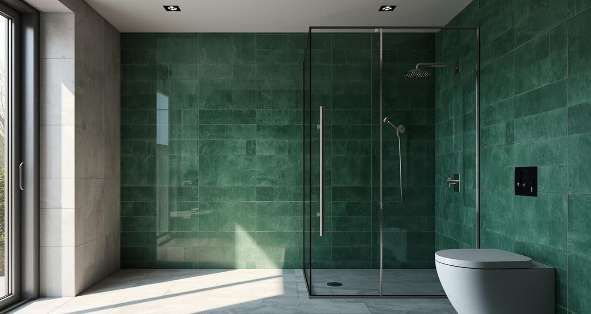 Bold green wet room tiles