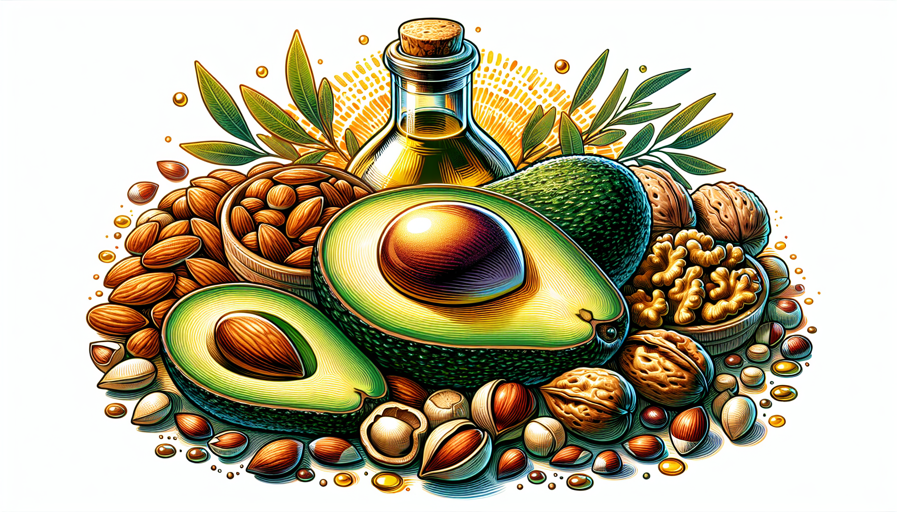 Illustration of various healthy fats sources like avocado, nuts, and olive oil