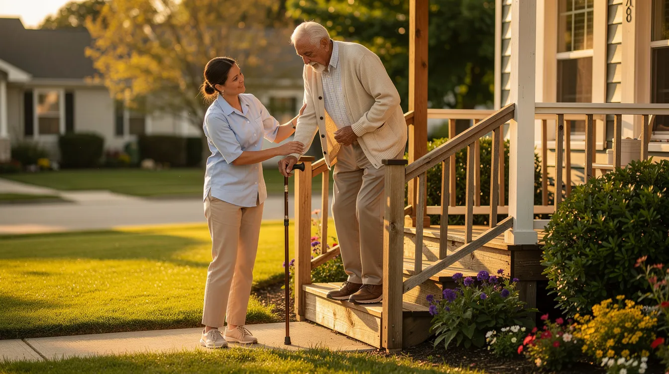 A compassionate caregiver is assisting an older man with a walking cane as he carefully steps down from a porch in a sunny suburban neighborhood. This scene highlights the importance of personalized care plans and the supportive role of home health care providers in ensuring the well-being of older adults.