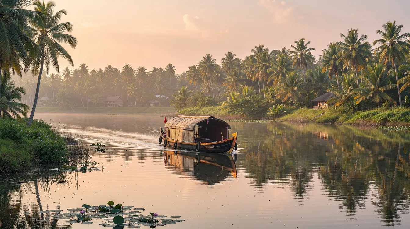 c02aa829 00d2 43b7 8473 08c0ce0808e4 The image depicts a tranquil Kerala backwater scene featuring a traditional houseboat gliding through calm waters, surrounded by lush coconut palms. This picturesque setting highlights the tourism industry in Kerala, attracting both domestic and international tourists seeking serene experiences.