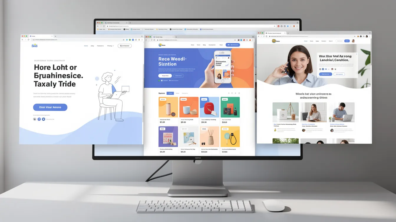 The image displays multiple browser windows on a desktop, showcasing various landing page layouts side by side, highlighting different design inspirations and templates for effective landing pages. This visual representation emphasizes the importance of well-designed landing pages in capturing leads and guiding visitors towards their desired actions.
