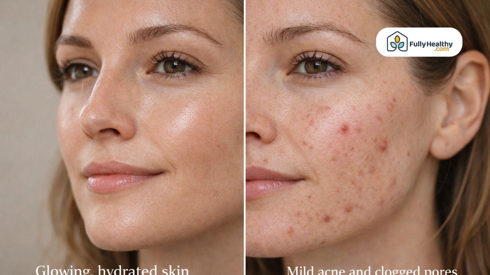 Side by side comparison glowing skin and acne prone skin with clogged pores