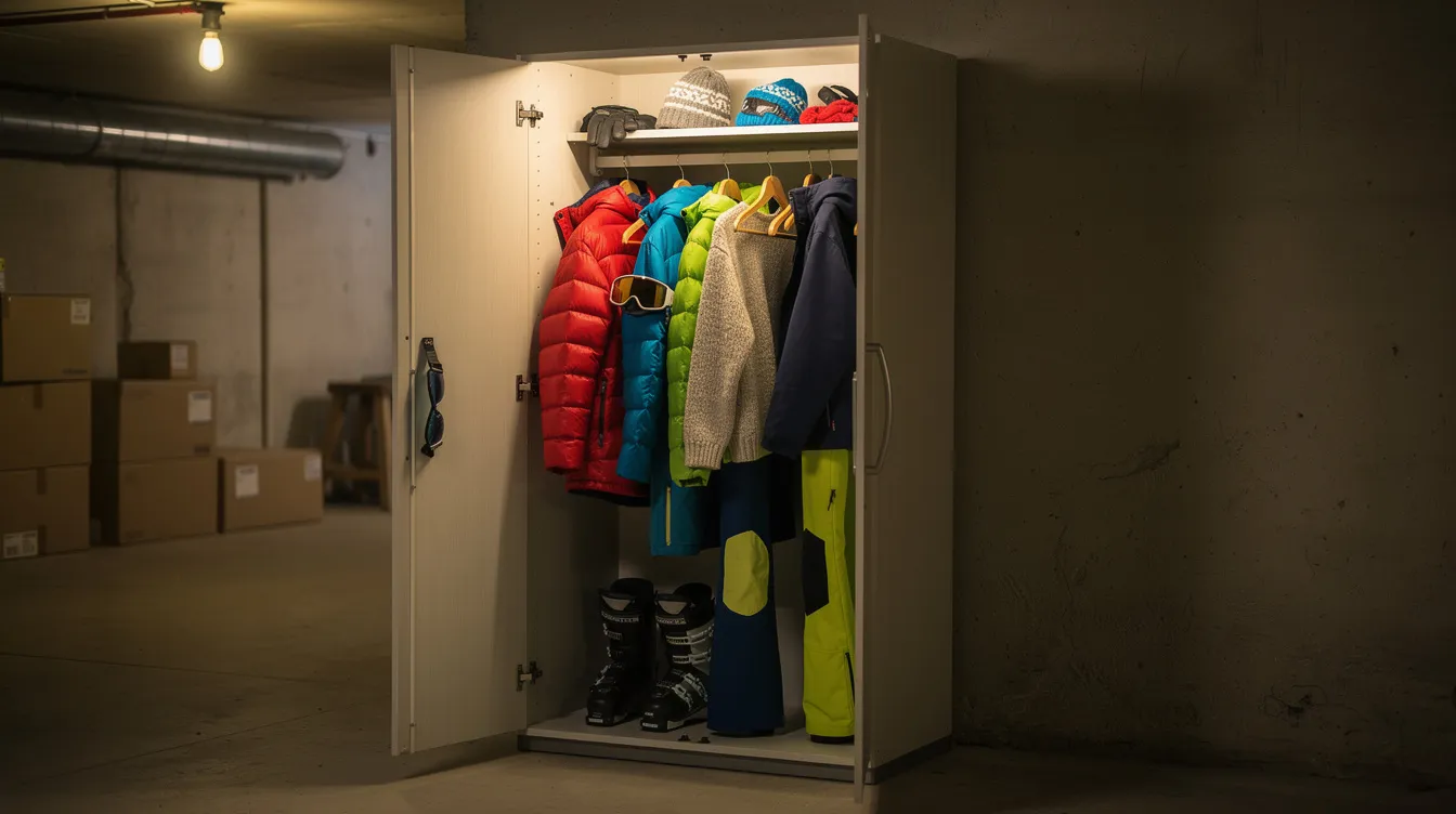 Ein geöffneter Schrank im Keller zeigt eine Auswahl an Skiklamotten, darunter Jacken und Hosen, die sorgfältig aufgehängt sind. Die skibezogene Ausrüstung ist bereit für den nächsten Skiurlaub und bietet alles, was Wintersportler benötigen.