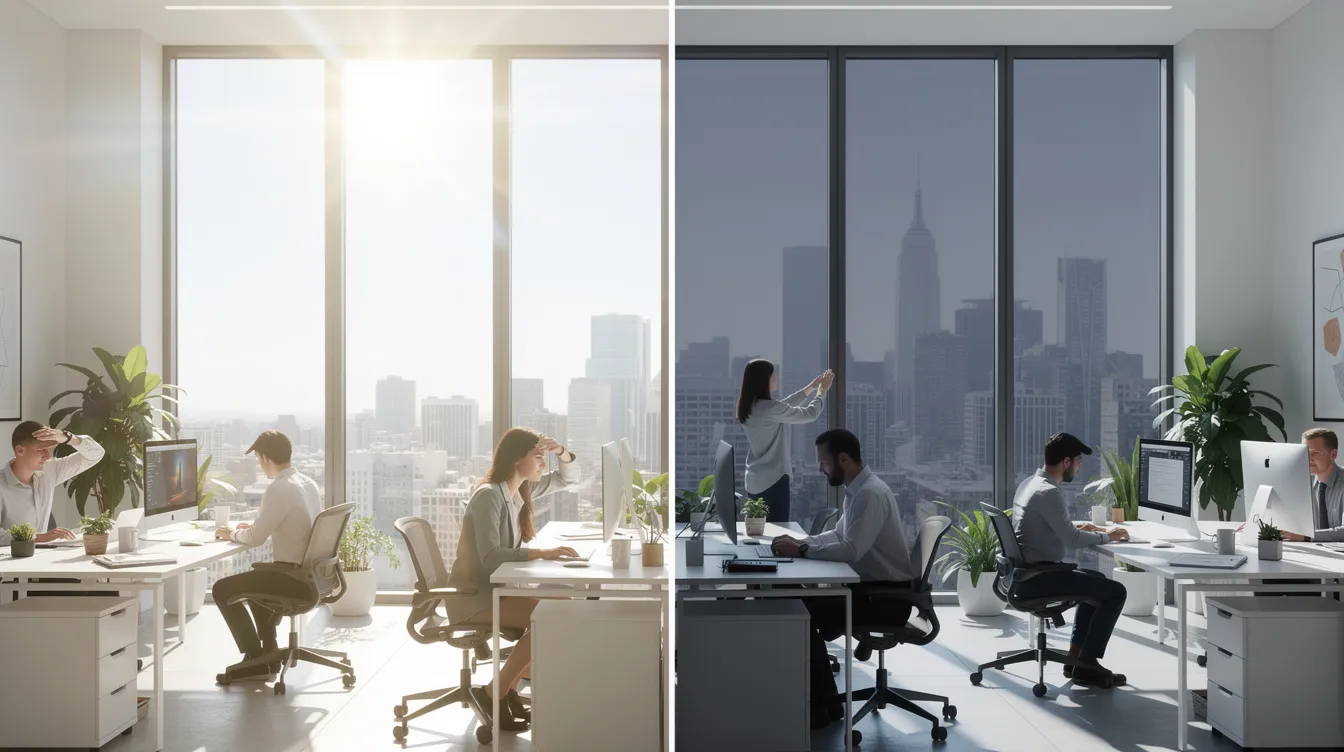 The image displays a split view of a commercial office window, with one side showing untreated, sun-drenched glass that reflects bright sunlight, while the other side features tinted, glare-free glass that enhances visibility and comfort. This comparison highlights the benefits of using specialized glass treatments, which can be a valuable service in the commercial cleaning industry for franchise owners looking to expand their cleaning business offerings.