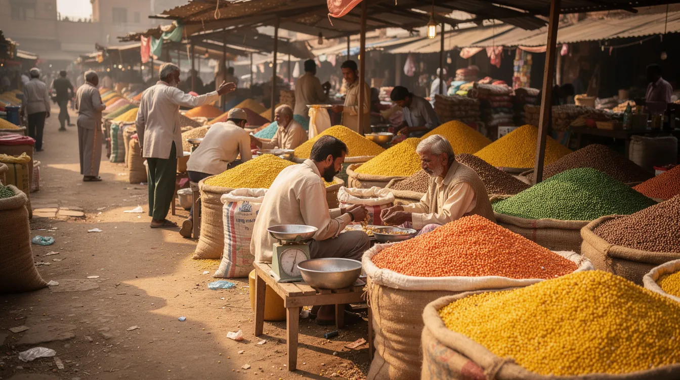 The image depicts a bustling agricultural grain market where farmers and traders engage with each other amidst large piles of pulses, including lentils and pigeon peas, in an open-air setting. This vibrant marketplace highlights the importance of pulses processing and the various unit operations involved in ensuring product quality and efficient cleaning for consumers.