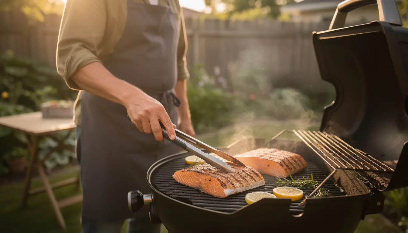 A person is grilling salmon steaks on an outdoor barbecue, surrounded by a pleasant atmosphere, with smoke rising from the grill. This scene captures a moment of preparing a healthy meal that can complement a balanced diet, supporting muscle recovery and growth, especially for those engaged in high-intensity exercise or taking creatine supplements for improved athletic performance.