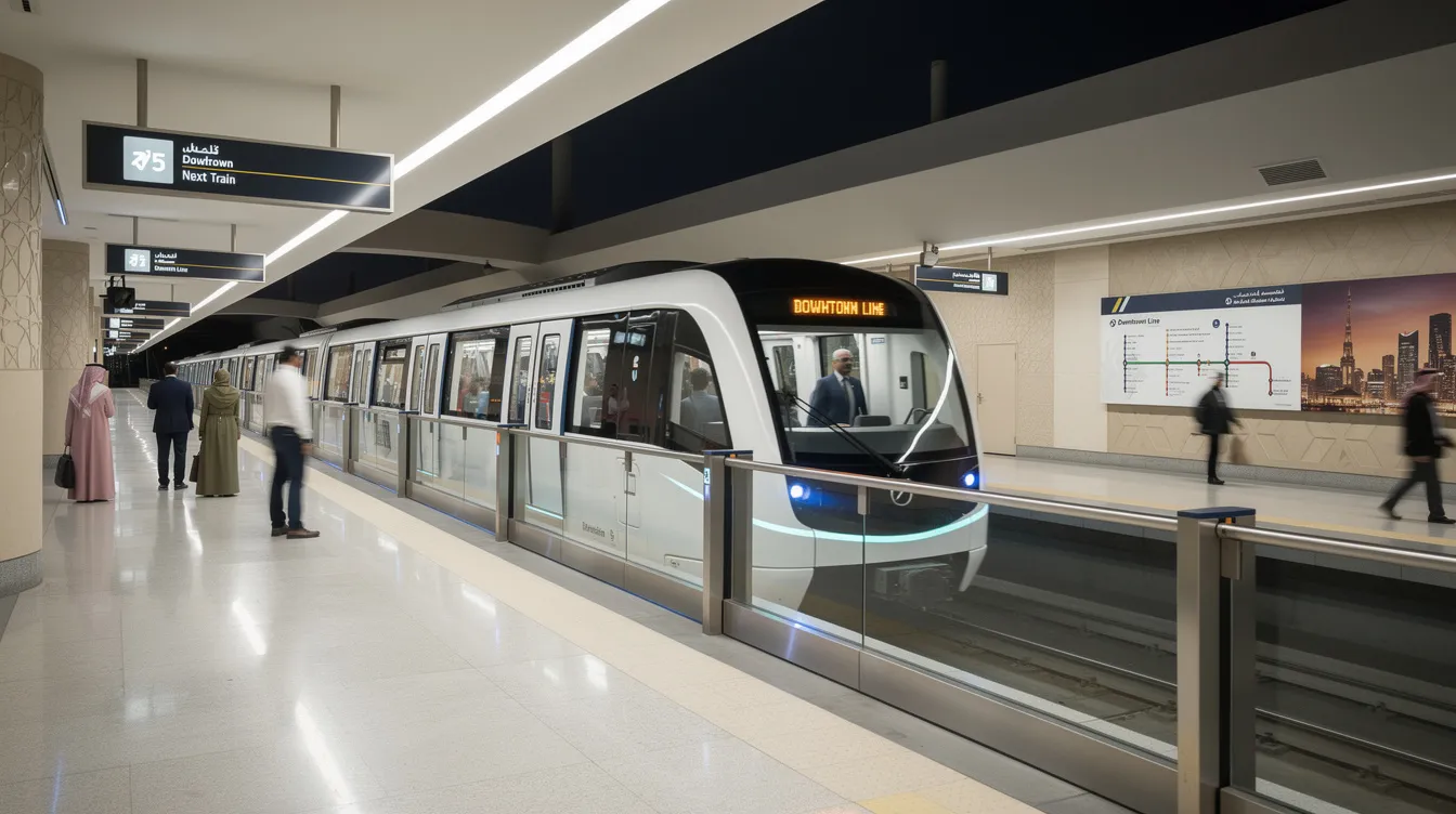 A modern driverless metro train is arriving at a sleek, well-lit platform in a Middle Eastern city, showcasing the advanced transportation services of the Dubai Metro. The scene highlights the efficiency of the metro system, which is part of the Roads and Transport Authority's commitment to enhancing urban mobility.