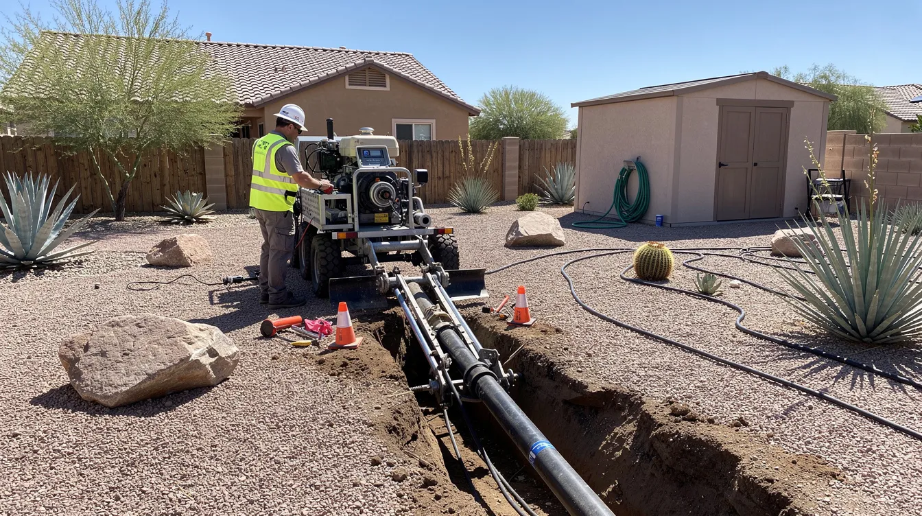 The image shows a trenchless pipe bursting machine actively working in a residential backyard with desert landscaping, highlighting the process of plumbing repair to address issues like burst pipes and restore proper flow in the plumbing system. Nearby, the surrounding area features drought-resistant plants and gravel, typical of desert landscaping.