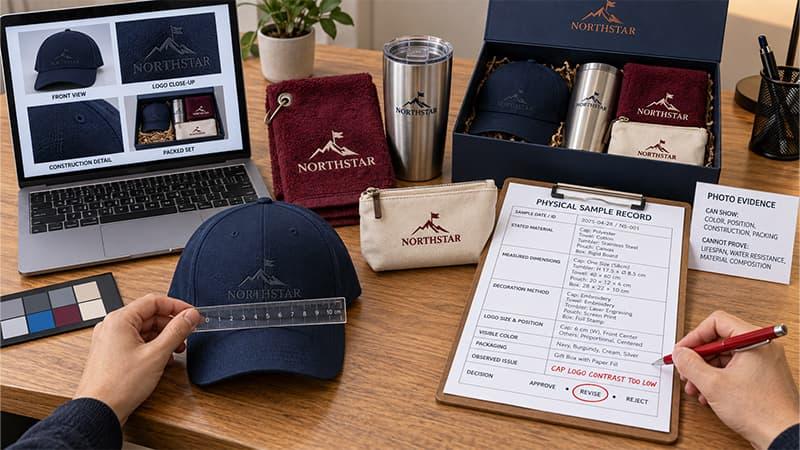 Inspector recording a navy and burgundy golf gift sample with logo measurements, photo evidence, and a revision decision