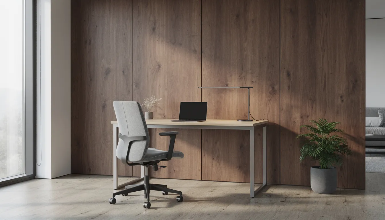 Een stijlvolle thuiswerkplek met een walnoot wandpaneel dat een warme uitstraling geeft, achter een modern bureau en een comfortabele bureaustoel. De combinatie van het wandpaneel en de meubels creëert een sfeervolle en rustige werkomgeving.