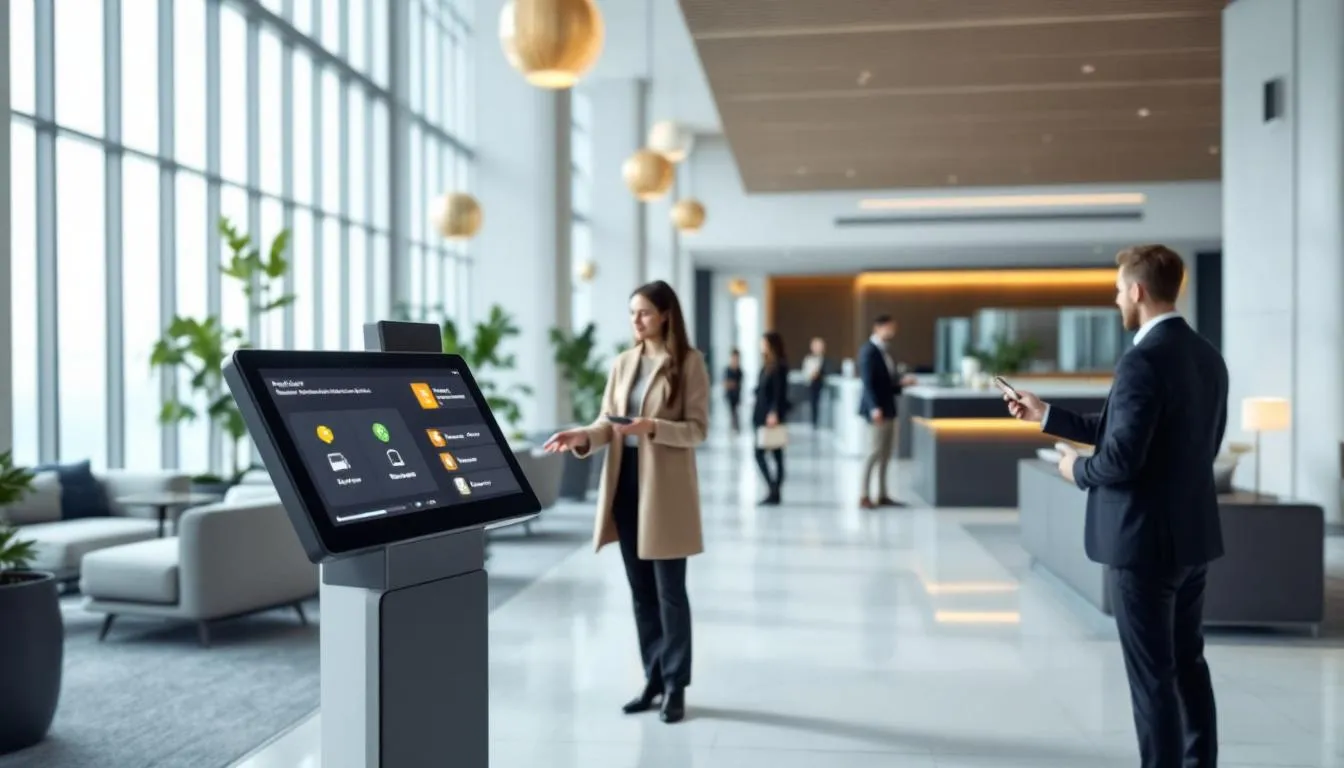 In a modern hotel lobby, guests are seen utilizing a self-service kiosk for check-in and making contactless payments, showcasing the efficiency of hotel point of sale systems. The sleek design of the lobby complements the advanced technology, enhancing guest service and operational efficiency in the hospitality industry.