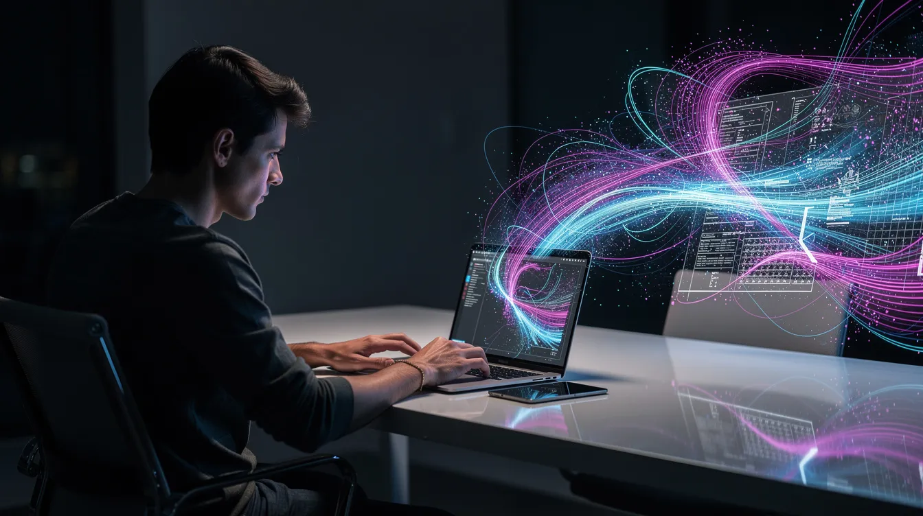 Een persoon werkt geconcentreerd op een laptop, omringd door abstracte digitale lichtpatronen die een futuristische sfeer creëren. De combinatie van technologie en kunstmatige intelligentie benadrukt de mogelijkheden van generatieve AI-tools in het uitvoeren van complexe taken.