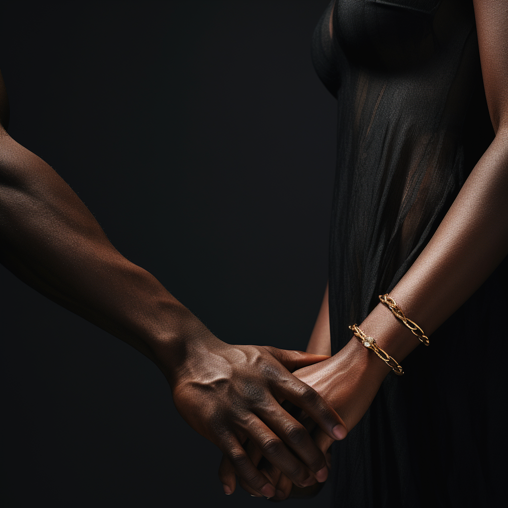 A close up image a black american couple holding each other's hand.