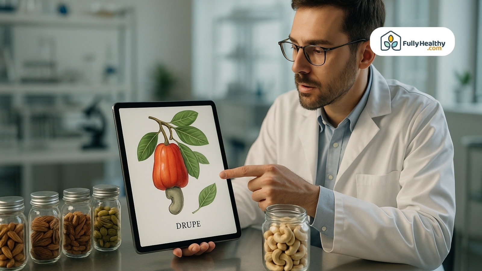 Scientist explains cashew fruit on tablet labeled drupe with jars of nuts nearby