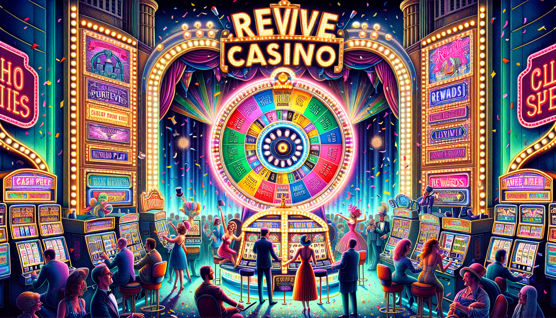 Whimsical illustration of casino promotions with exciting rewards and prizes