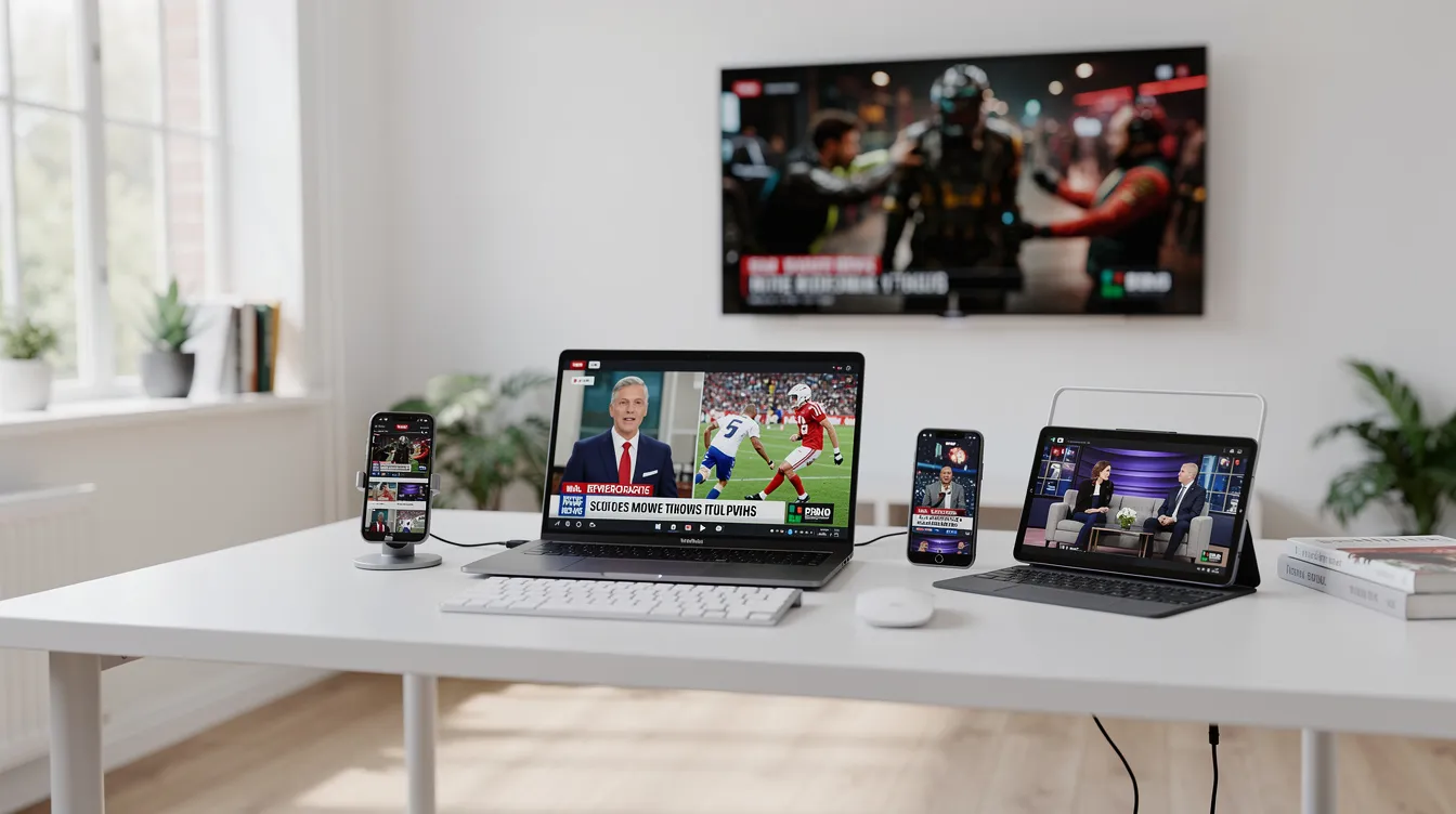 The image depicts a bright modern home office featuring multiple streaming devices, including a phone, tablet, laptop, and smart TV, each displaying different live TV content. This setup highlights the versatility of IPTV services, allowing users to stream live TV channels seamlessly across various devices.