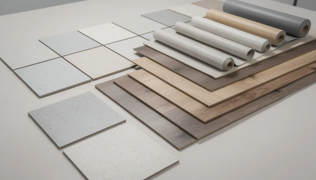 The image features a close-up view of various commercial flooring samples, including VCT tiles, linoleum sheets, and vinyl planks, neatly arranged on a table. This collection showcases different options for floor care, highlighting their potential for enhancing floor appearance in high traffic areas.