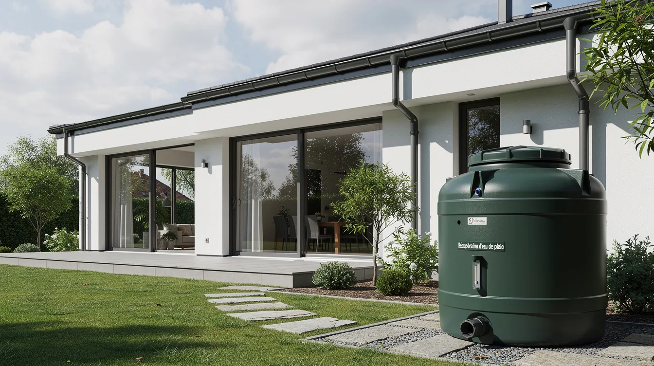 L'image montre une maison moderne avec des gouttières élégantes et une cuve de récupération d'eau de pluie installée dans le jardin. Ce système de récupération d'eau de pluie permet d'utiliser l'eau pour les wc et le lave-linge, contribuant ainsi à une gestion efficace des ressources en eau.