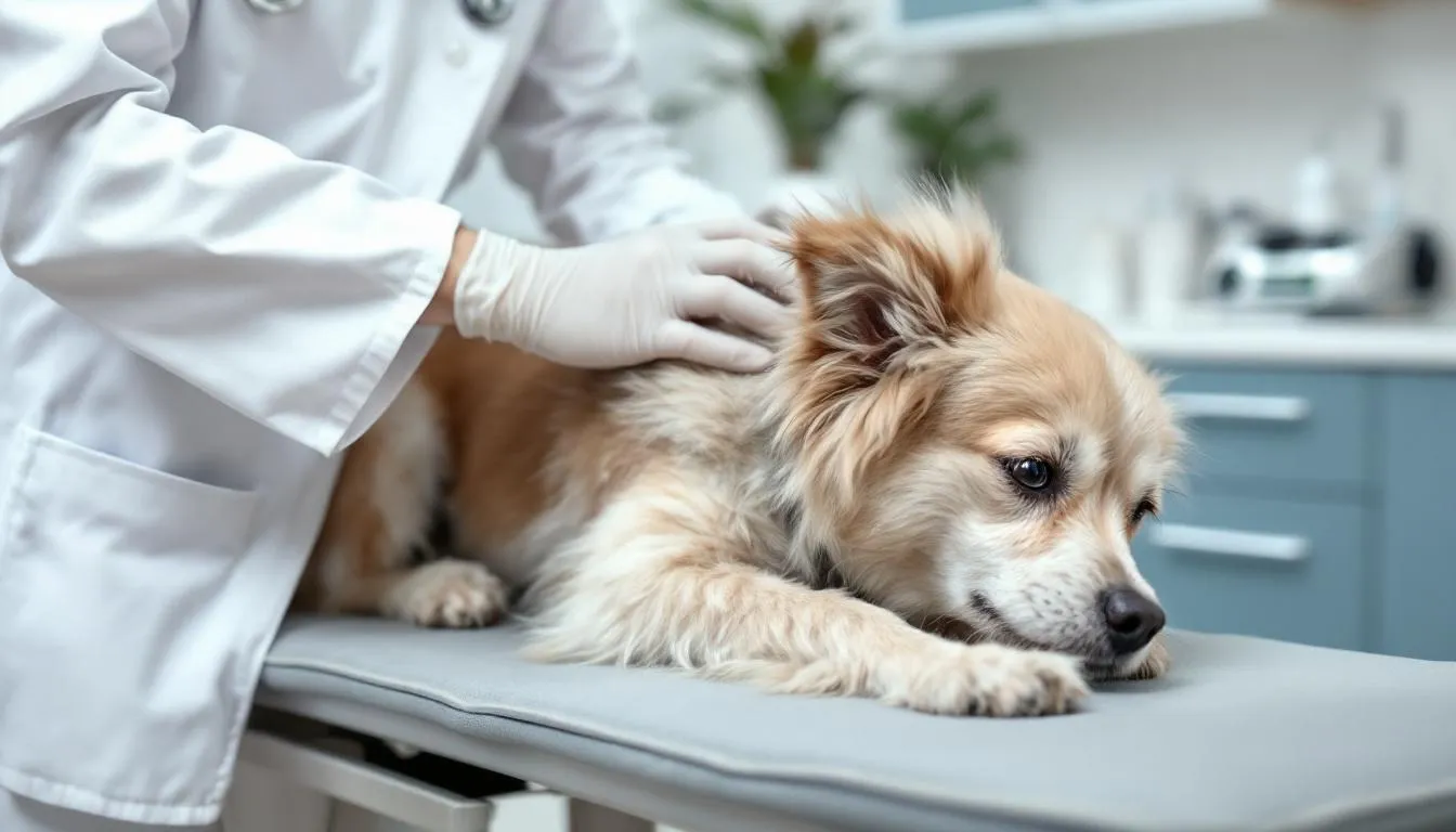 A veterinarian is gently examining the neck area of a small breed dog, looking for signs of tracheal collapse, which can cause breathing difficulties and coughing episodes. The vet