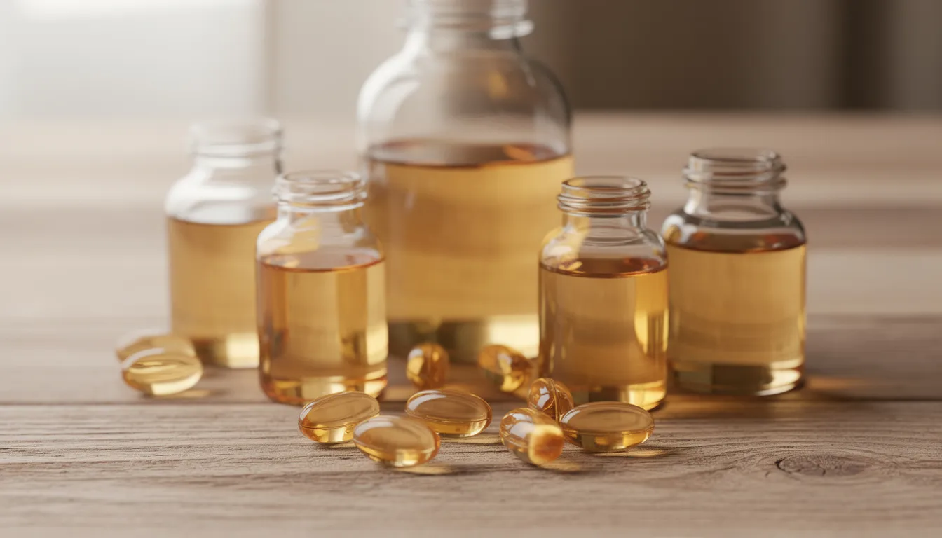 L'image montre plusieurs flacons d'huile dorée et des capsules disposés sur un fond en bois naturel, évoquant les bienfaits du foie de morue, riches en oméga 3 et en vitamines. Cette composition pourrait inspirer des recettes saines pour des repas savoureux.