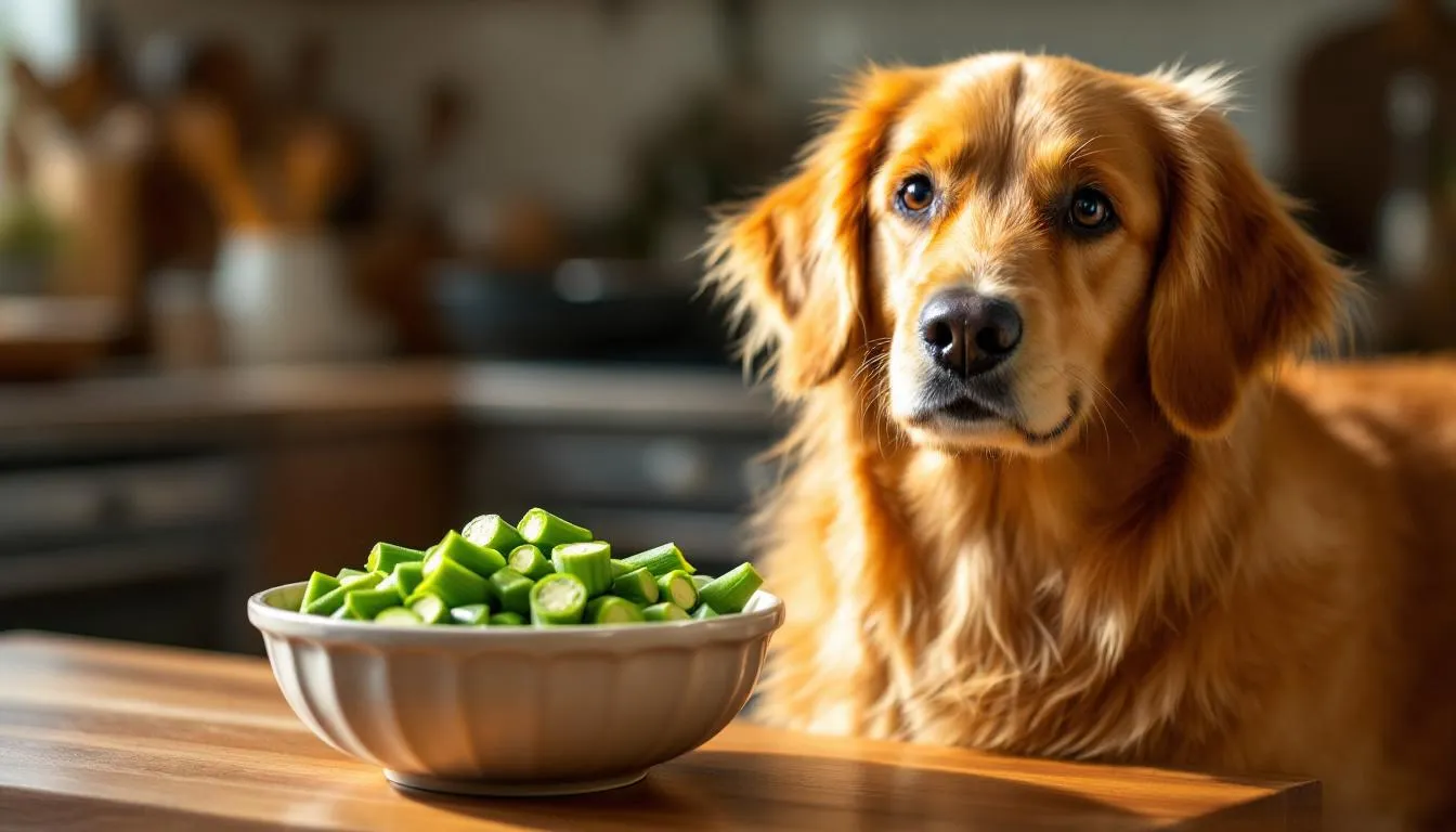 A happy dog sits beside a bowl filled with bite-sized pieces of prepared okra, showcasing a healthy snack option for dogs. This image highlights the joy of sharing nutritious foods, such as cooked okra, with our furry friends.