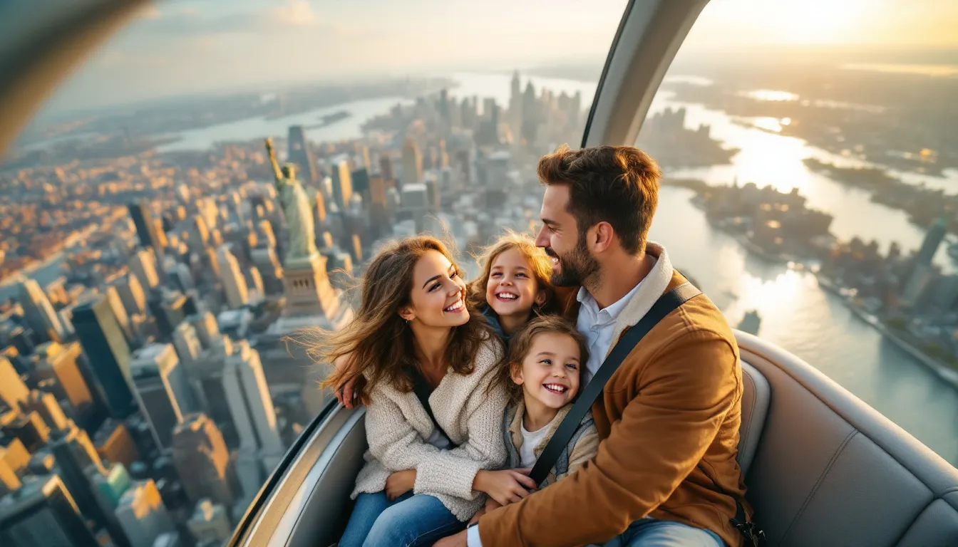 A family enjoying a helicopter tour over New York City, creating unforgettable memories.