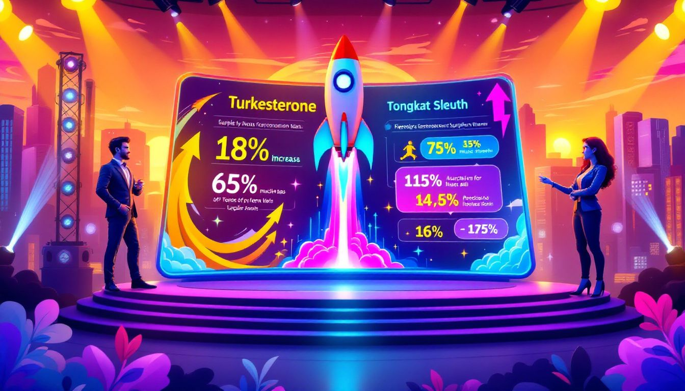 Turkesterone vs Tongkat Ali: Best Choice for Muscle Growth and Stamina? 3 A comparison of turkesterone and tongkat ali supplements showcasing their key benefits for muscle growth.