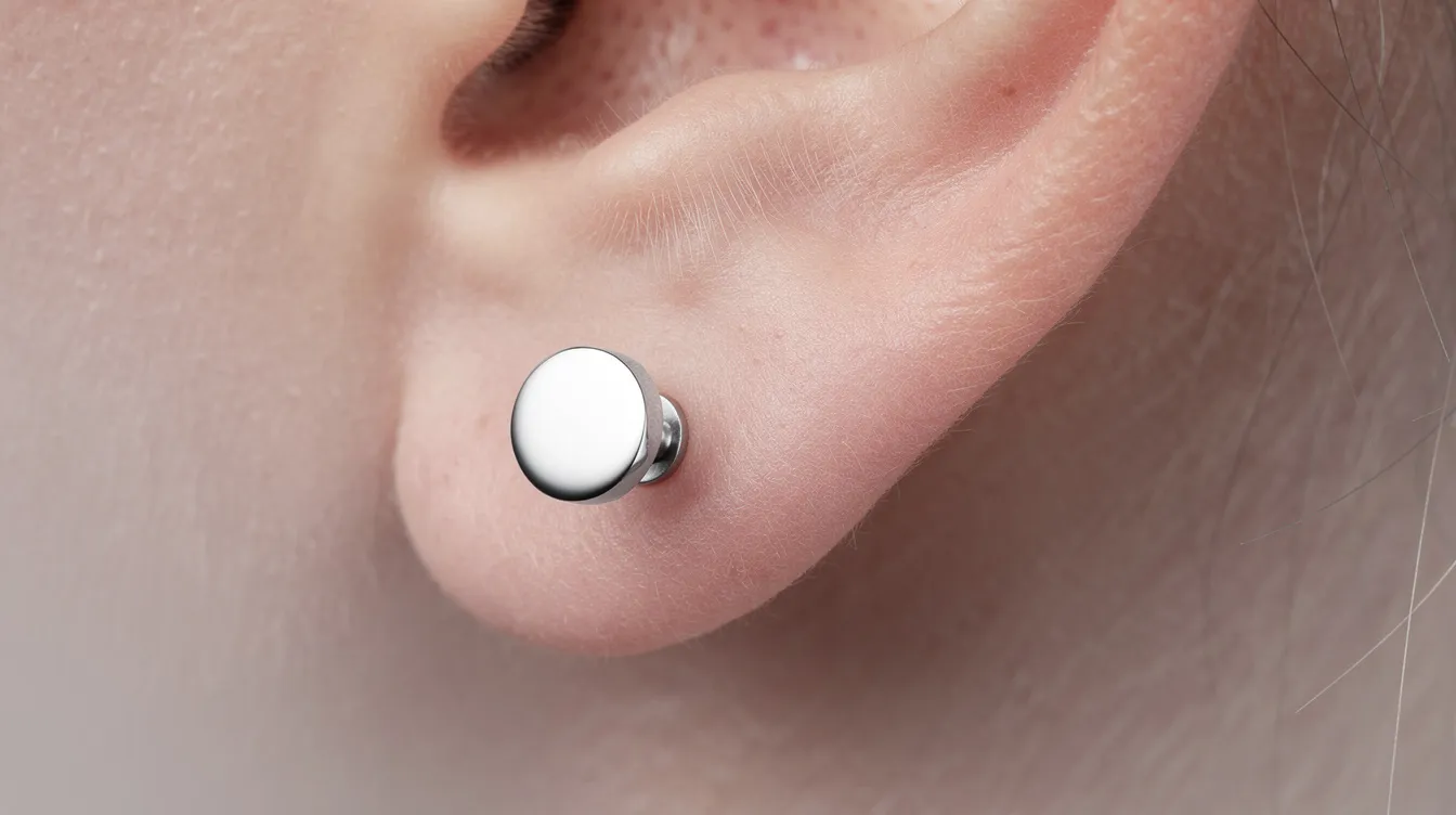 A close-up view of a person's ear featuring a small stud earring, with a focus on the surrounding skin that appears clean and well-lit. This image highlights the potential for ear keloids, which can develop from ear piercings, showcasing the importance of proper care and treatment options for any skin irritation or raised scars.
