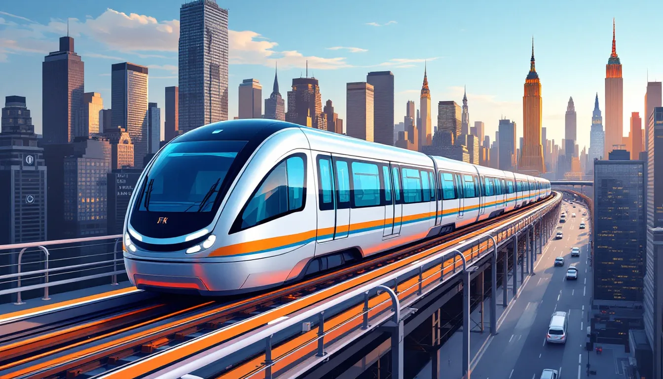 An AirTrain at JFK Airport heading towards Manhattan.
