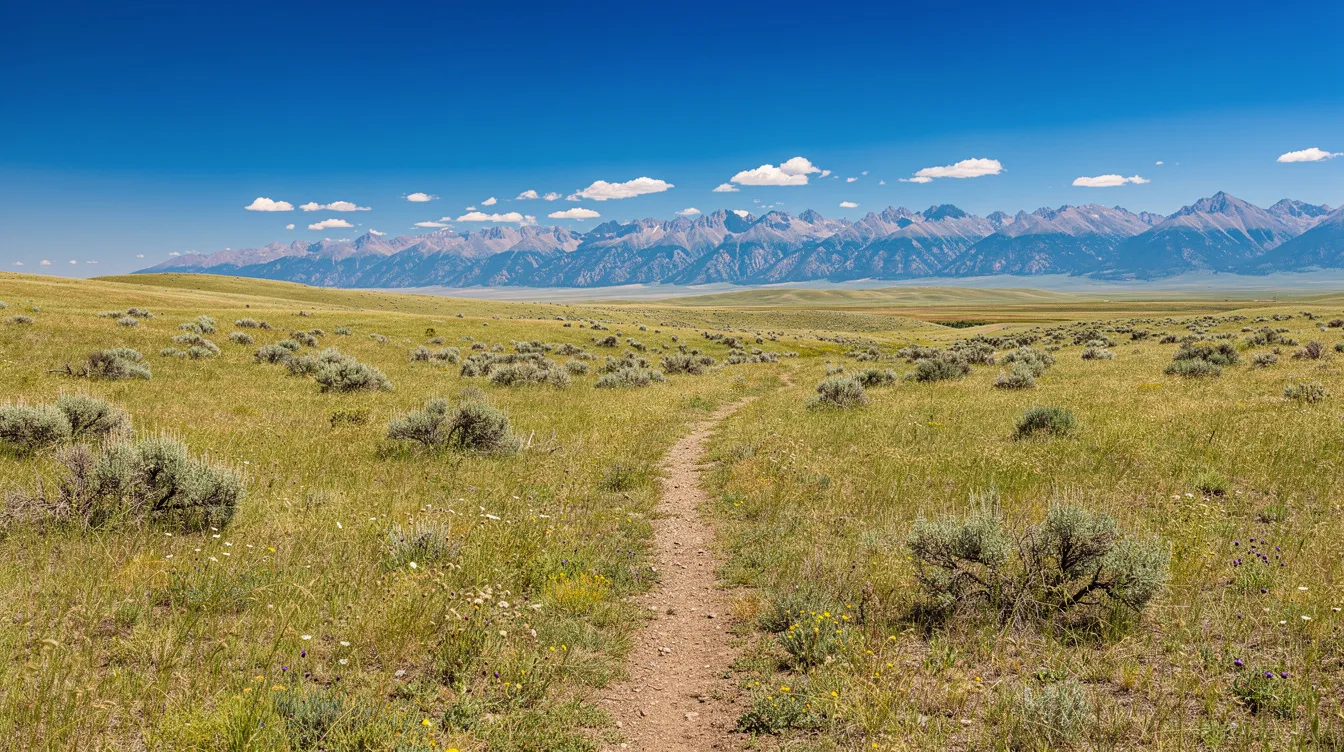 The image depicts a vast Wyoming prairie landscape, featuring rolling grasslands that stretch towards distant mountains under a clear blue sky. This serene scene captures the natural beauty of Wyoming, a state where discussions about hemp laws and the legality of substances like delta 8 are prevalent.