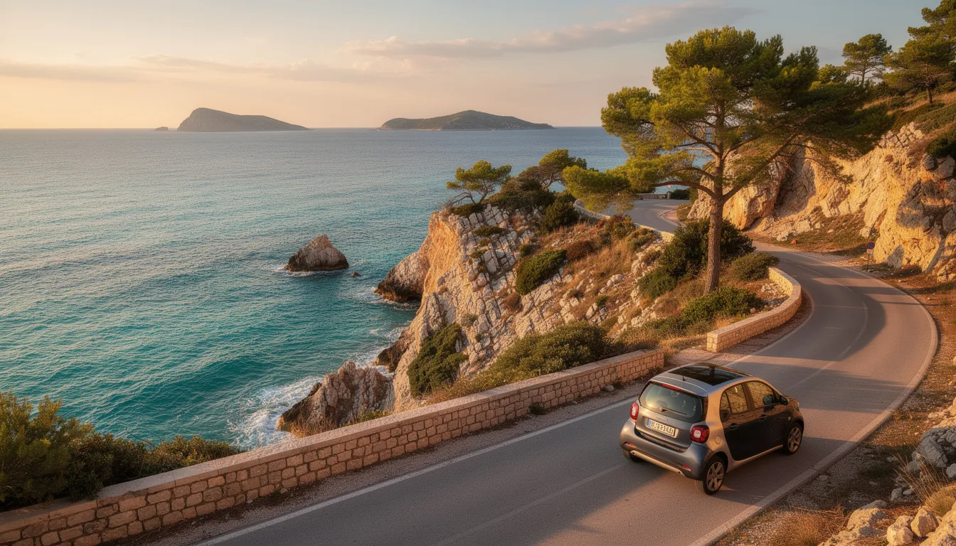 Une petite voiture de location, un Suzuki Vitara, est garée devant un magnifique paysage côtier en Croatie, offrant une vue panoramique sur la mer Adriatique. Ce décor idyllique invite à la découverte des villes croates et à un voyage inoubliable le long de la côte.