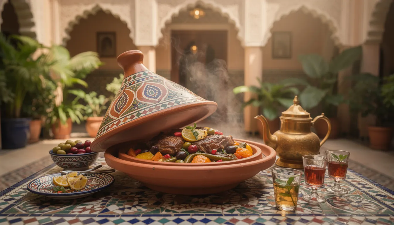 A traditional Moroccan tagine dish is being served in a serene riad courtyard, surrounded by intricate tilework and lush greenery, showcasing the rich history and vibrant culture of Morocco. This setting invites visitors to explore the delightful flavors of Moroccan cuisine while enjoying the tranquil ambiance of this exotic destination.
