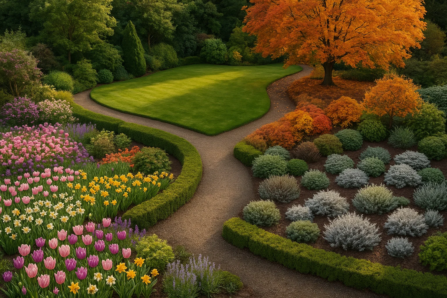 Aerial view of a garden designed for year-round colour and seasonal interest.