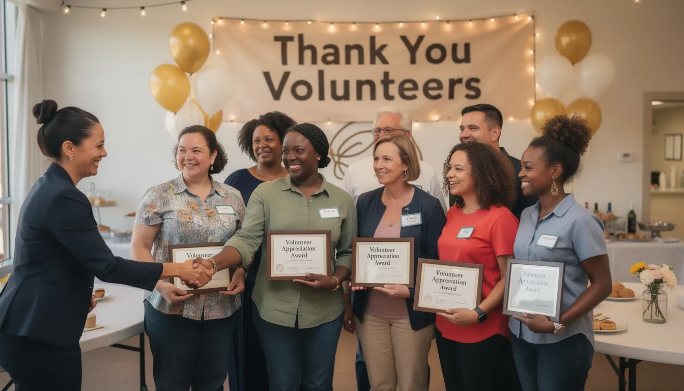 The image depicts a group of dedicated volunteers being recognized for their contributions to a nonprofit organization, celebrating their volunteer hours and impact on the community. This event highlights the importance of effective volunteer management and engagement strategies in fostering a positive volunteer experience.