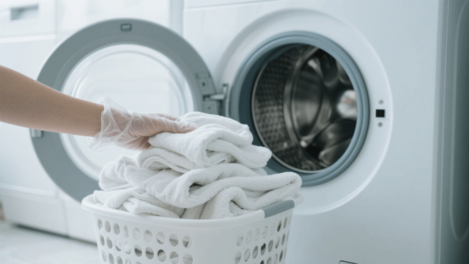 A woman is preparing to put the towel in the washing machine to wash it.