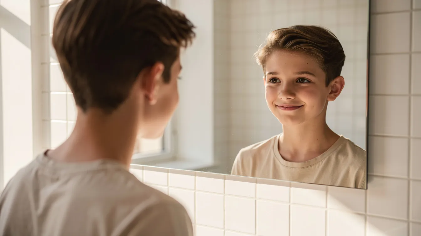 A teenager is looking in the mirror, admiring their healthy and clear skin, free from blemishes and irritation. This image captures the confidence that comes with a good skincare routine, highlighting the importance of treating acne-prone skin effectively.